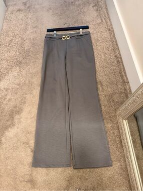 Straight Leg Stretchy Grey Dress Petite Pants with Gold Buckle